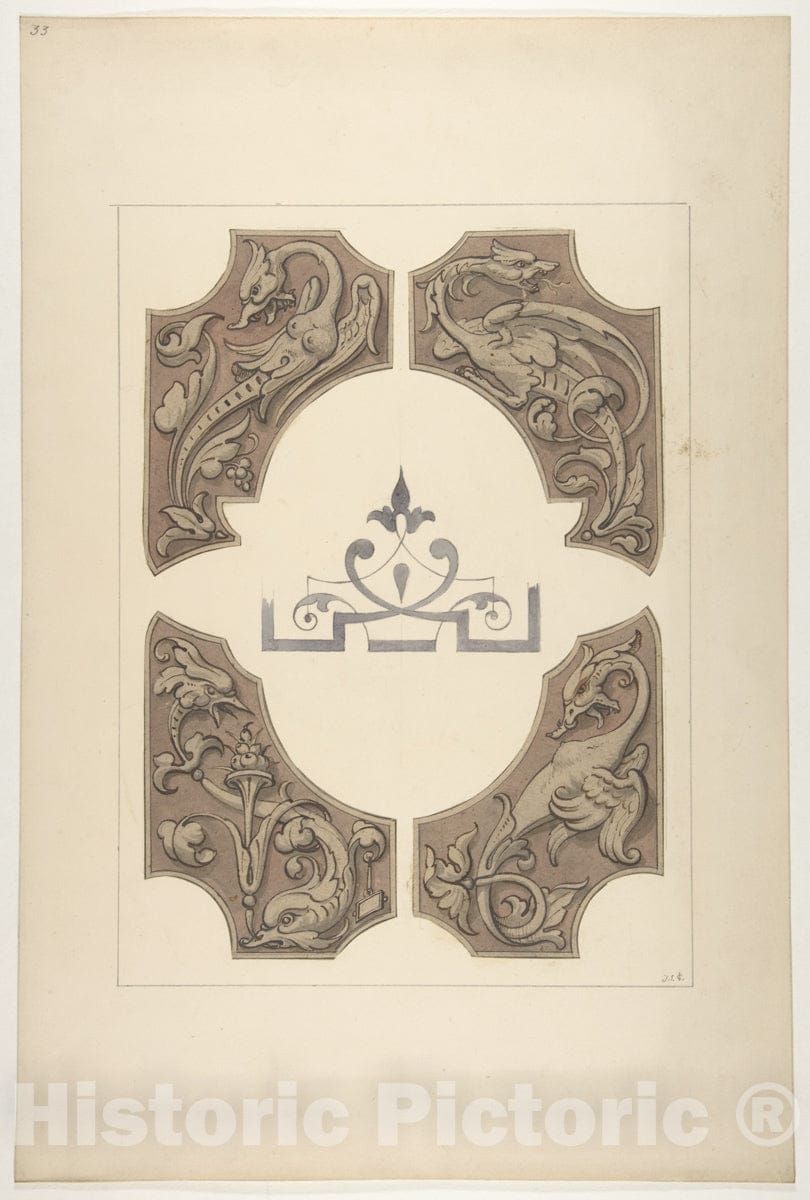 Art Print : Jules-Edmond-Charles Lachaise - Grotesque Designs Featuring Griffin, Birds, and Dolphins : Vintage Wall Art