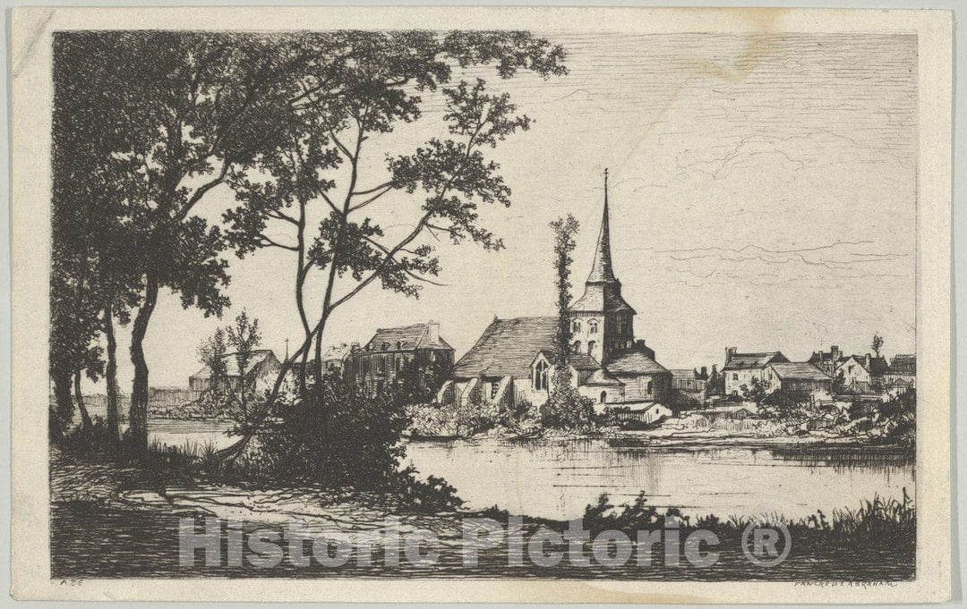 Art Print : Tancrède Abraham - Town with a Church Across a River : Vintage Wall Art