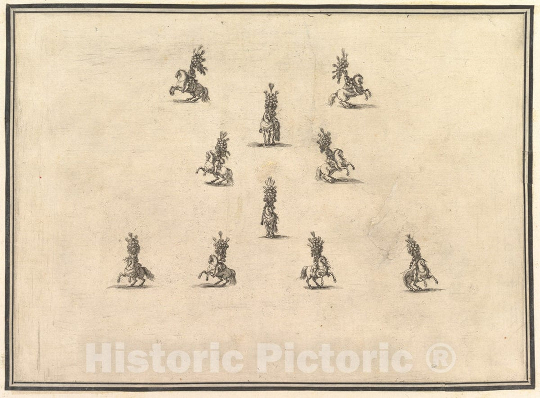 Art Print : Stefano Della Bella - Four Riders in a Row at Bottom, Five Riders Forming a V Above and Another Rider in The Center, from 'La gara Delle Stagioni' : Vintage Wall Art