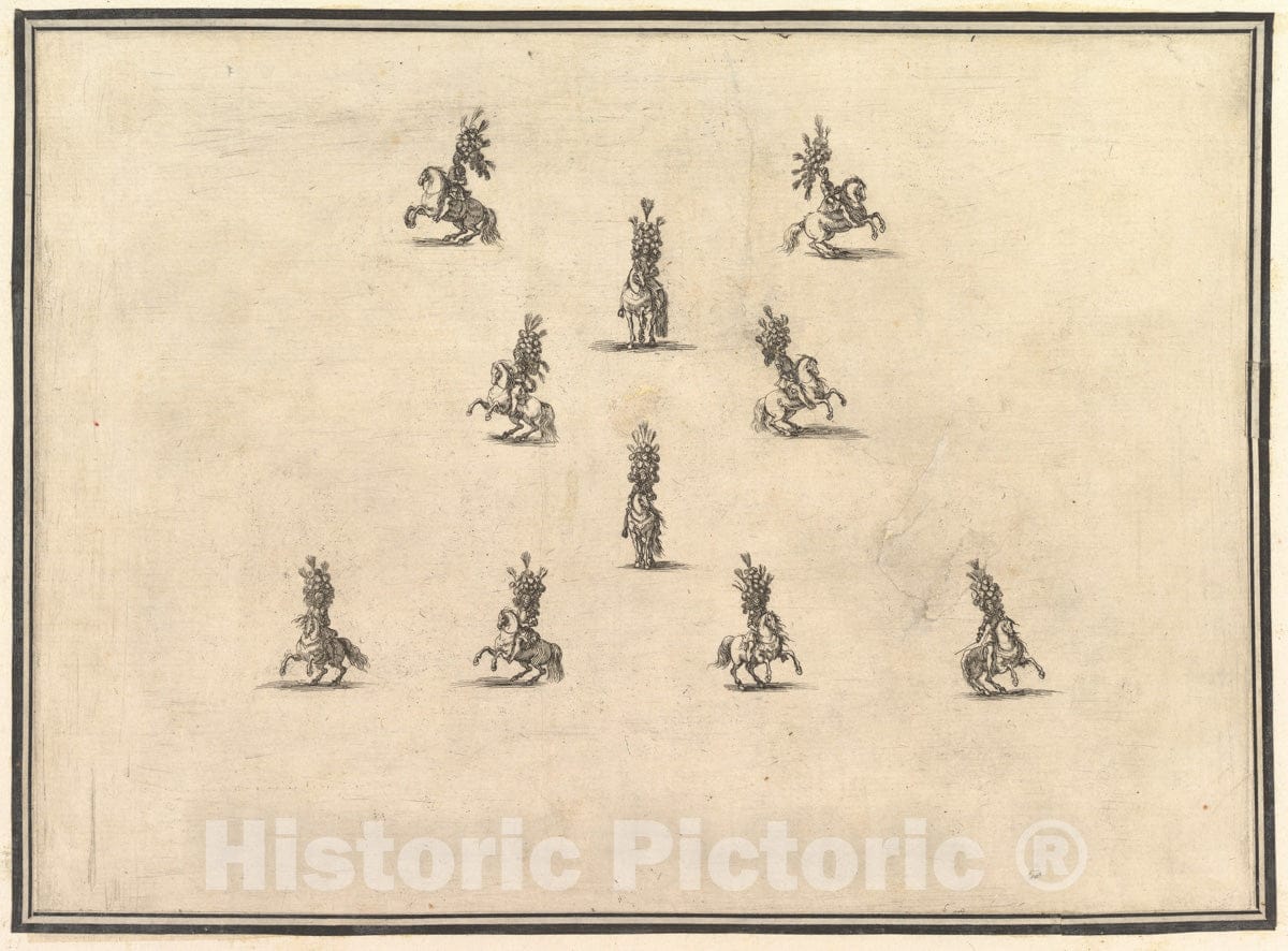 Art Print : Stefano Della Bella - Four Riders in a Row at Bottom, Five Riders Forming a V Above and Another Rider in The Center, from 'La gara Delle Stagioni' : Vintage Wall Art