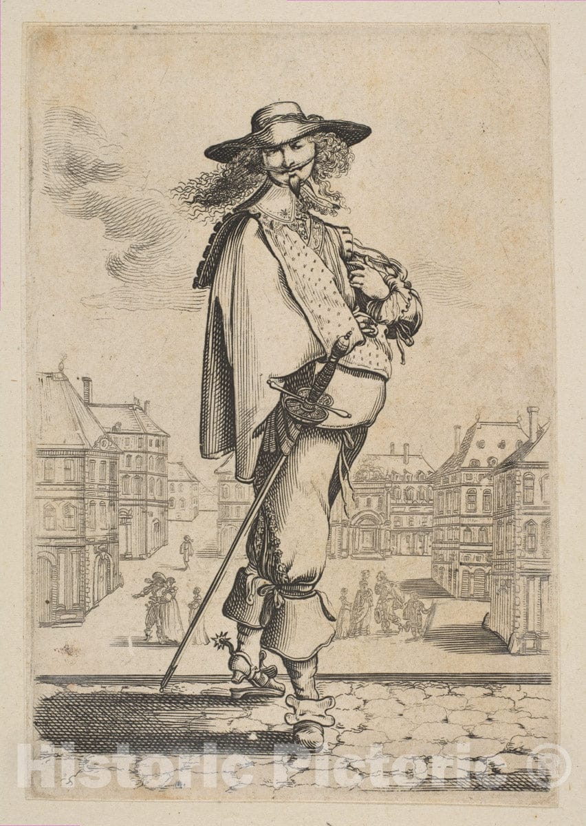 Art Print : Anonymous, French, 17th Century - Gentleman with a Sword Before Some Buildings : Vintage Wall Art