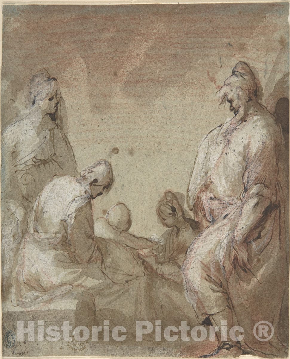 Art Print : Italian, Roman-Bolognese, 17th Century - Group of Four Standing and Seated Figures and a Child : Vintage Wall Art