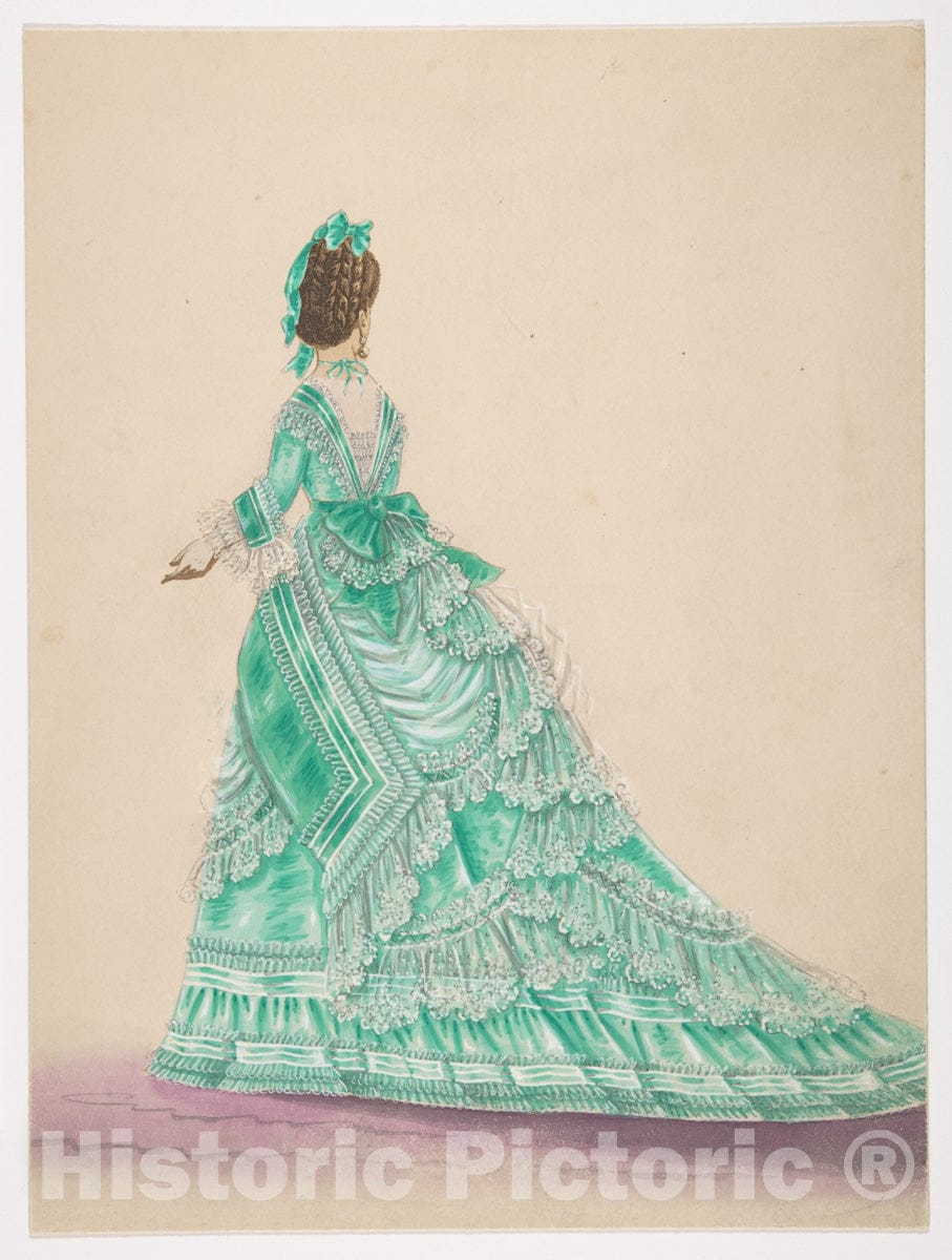 Art Print : French, 19th Century - Fashion Study: Woman in a Green Dress : Vintage Wall Art