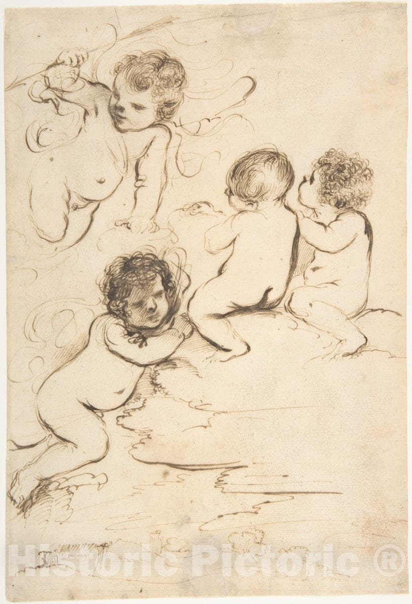 Art Print : Guercino (Giovanni Francesco Barbieri) - Four Putti with Bow and Arrows on Clouds Above a Landscape with a Tower : Vintage Wall Art