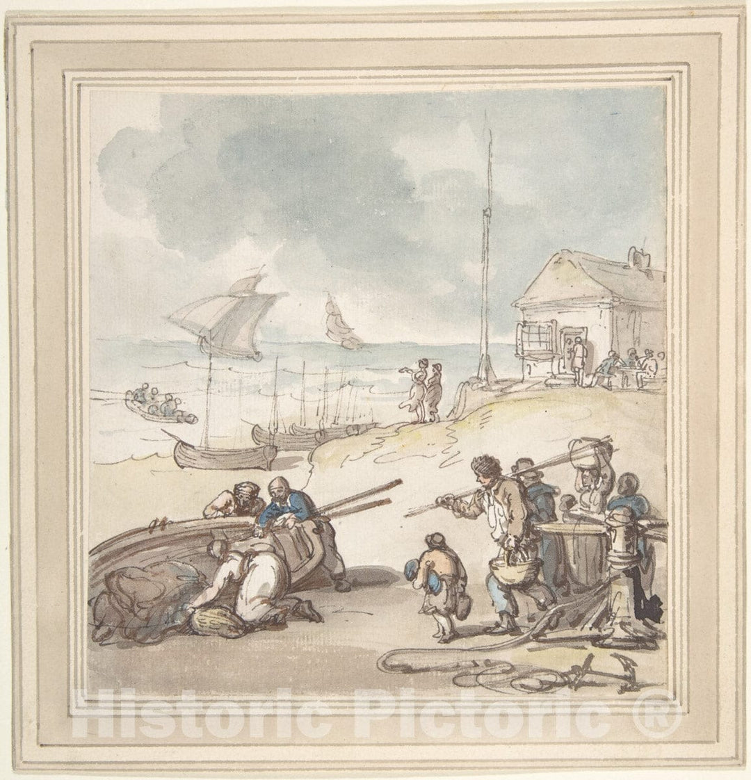 Art Print : Thomas Rowlandson - Figures by The Seashore : Vintage Wall Art