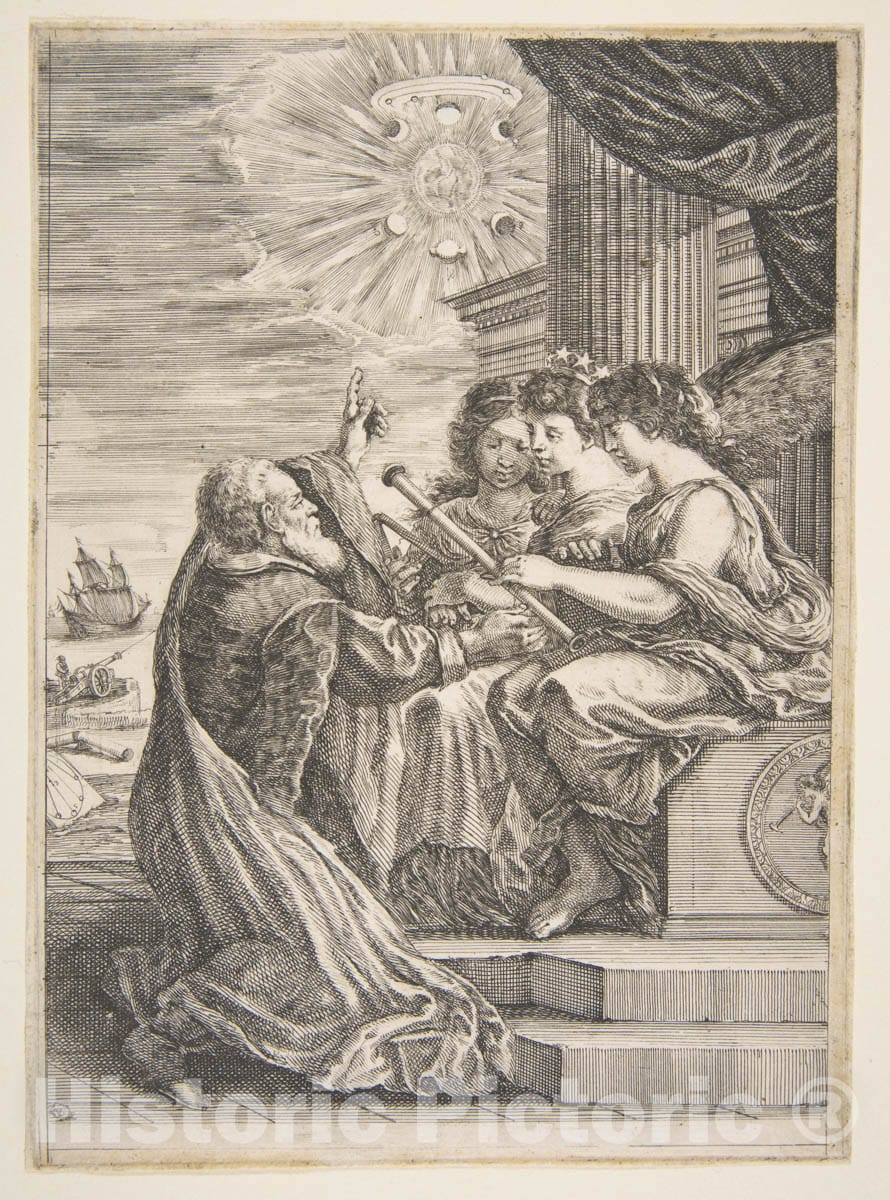 Art Print : Stefano Della Bella - Galileo and personifications of Astronomy, Perspective and Mathematics, Frontispiece for 'Opere di Galileo Galilei' : Vintage Wall Art