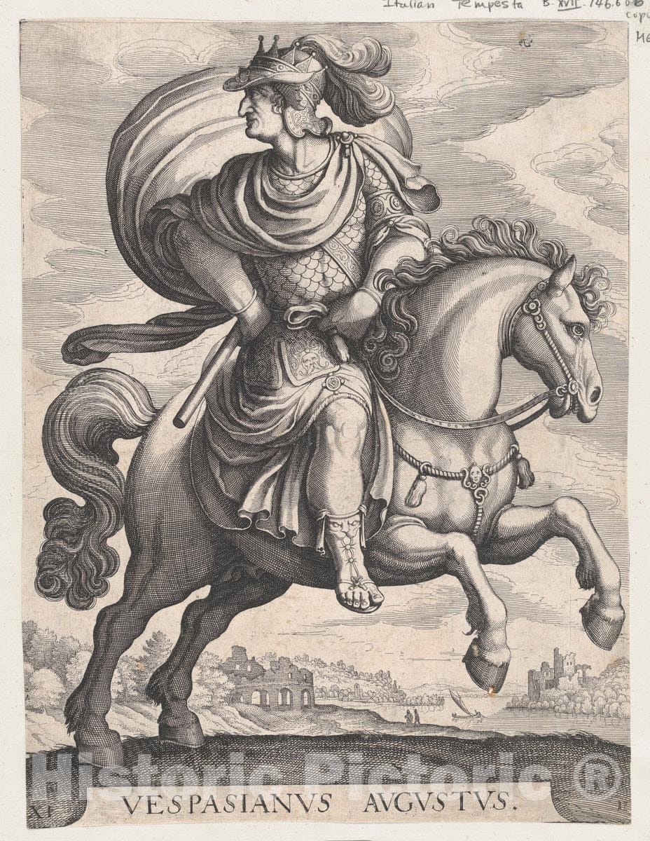 Art Print : Matthäus Merian The Elder - Emperor Vespasian on Horseback, from The Series The First Twelve Roman Caesars, Plate 11 : Vintage Wall Art