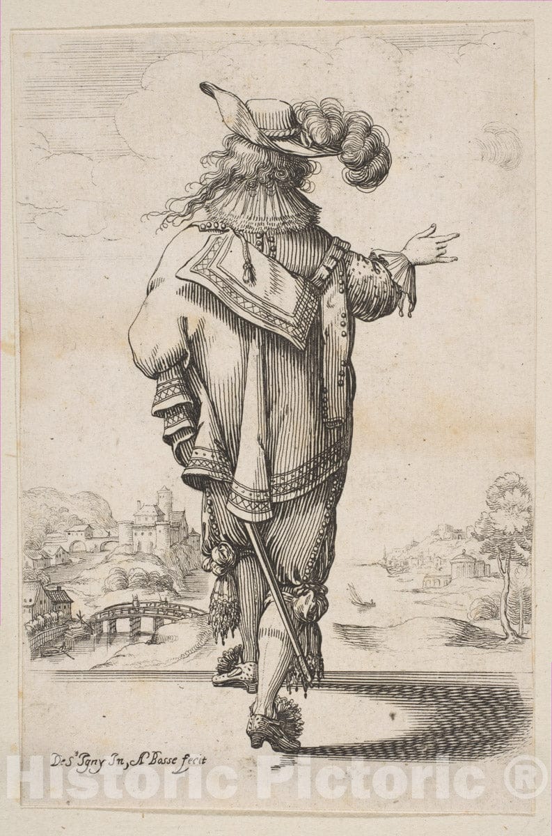 Art Print : Abraham Bosse - Gentleman Seen from The Back Indicating a Landscape : Vintage Wall Art