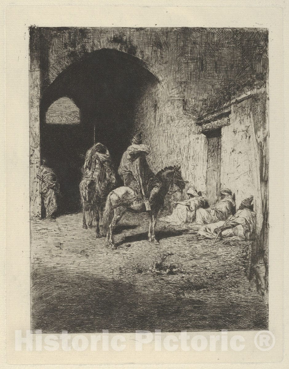 Art Print : Mariano Fortuny, 1838–1874 - Guards on Horseback at The Entrance to The Kasbah in Tetuan, Figures Sitting on The Ground : Vintage Wall Art