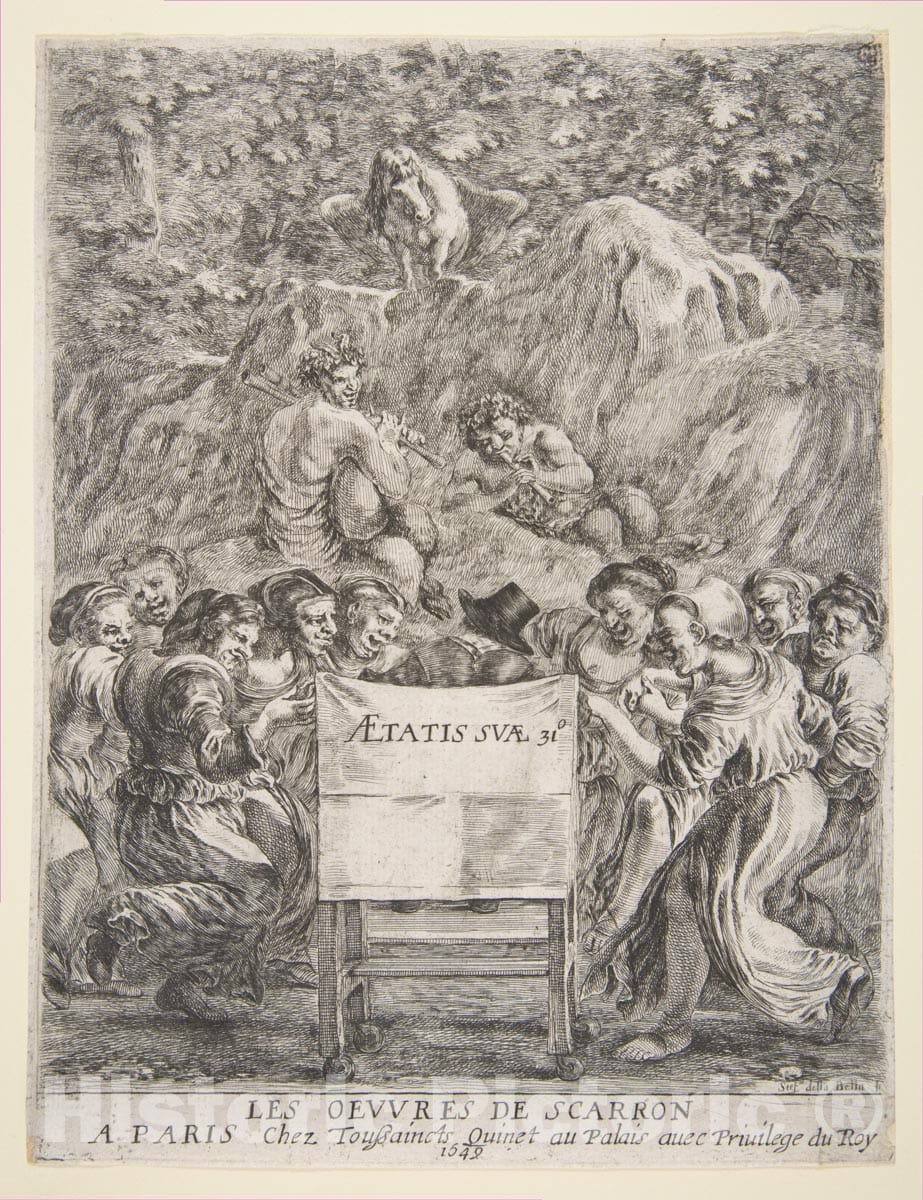 Art Print : Etched by Stefano Della Bella - Frontispiece for Les Oeuvres de Scarron : Vintage Wall Art