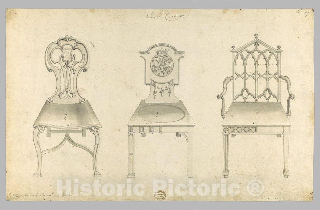 Art Print : Thomas Chippendale - Hall Chairs, in Chippendale Drawings, Vol. I : Vintage Wall Art