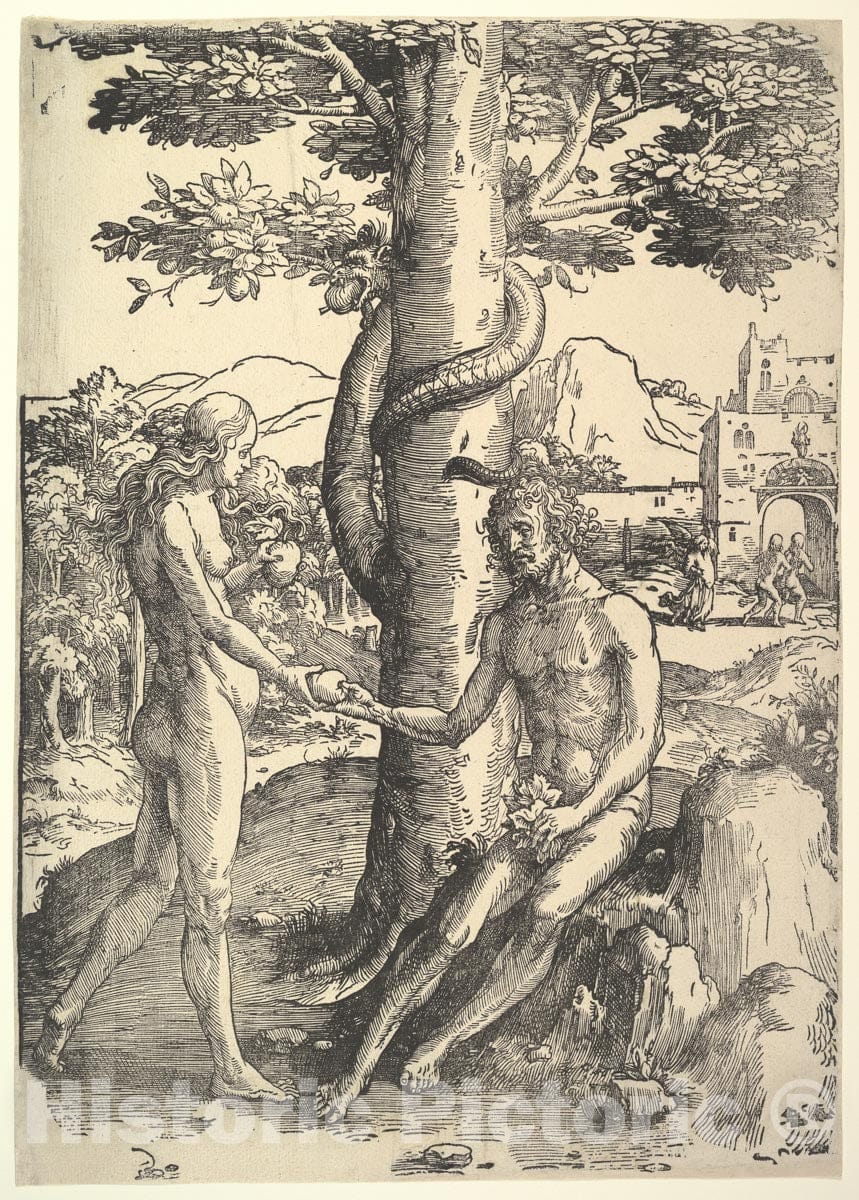 Art Print : Lucas Van Leyden - Fall of Man, (Adam and Eve) : Vintage Wall Art