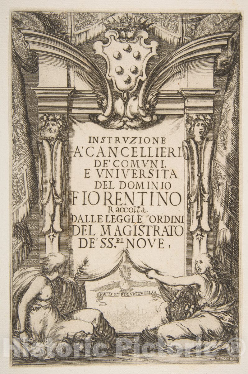 Art Print : Etched by Stefano Della Bella - Frontispiece for The Instruzione a' Cancellieri : Vintage Wall Art