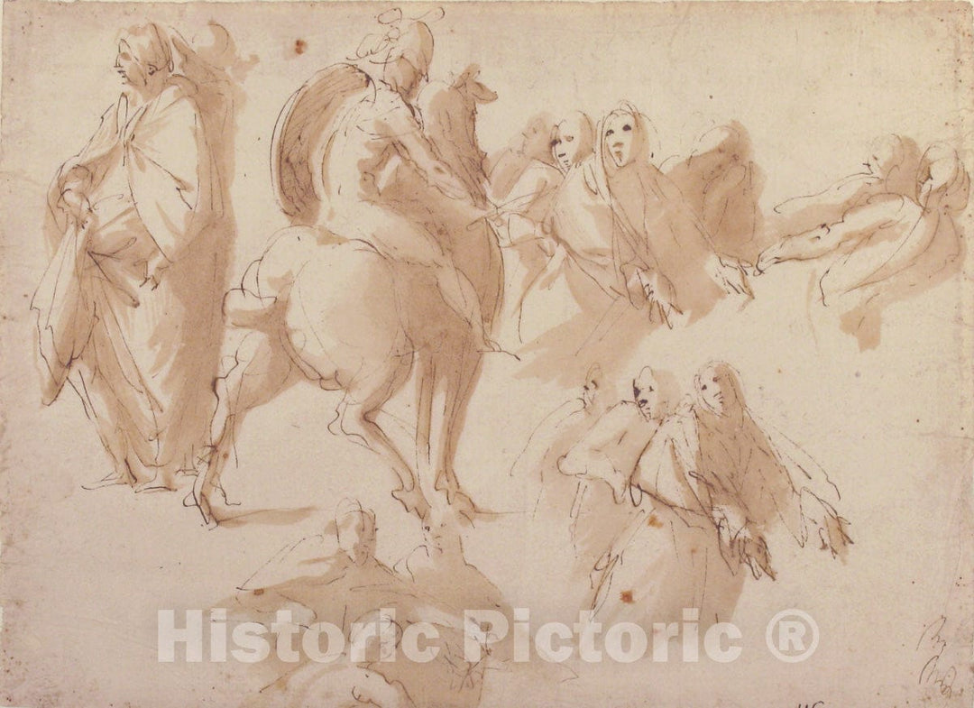 Art Print : Francesco Curia - Figure Studies: Warrior on Horseback, and Groups of Standing Female Figures : Vintage Wall Art