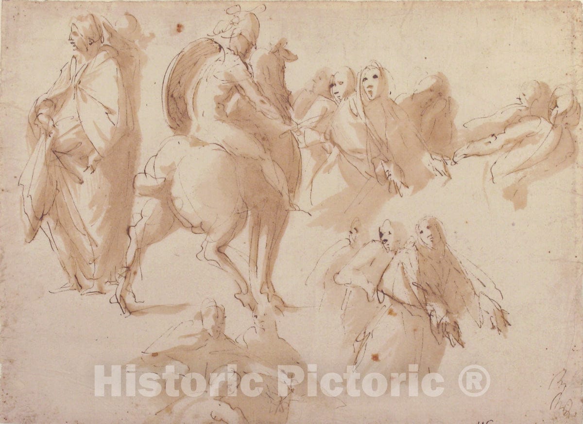 Art Print : Francesco Curia - Figure Studies: Warrior on Horseback, and Groups of Standing Female Figures : Vintage Wall Art