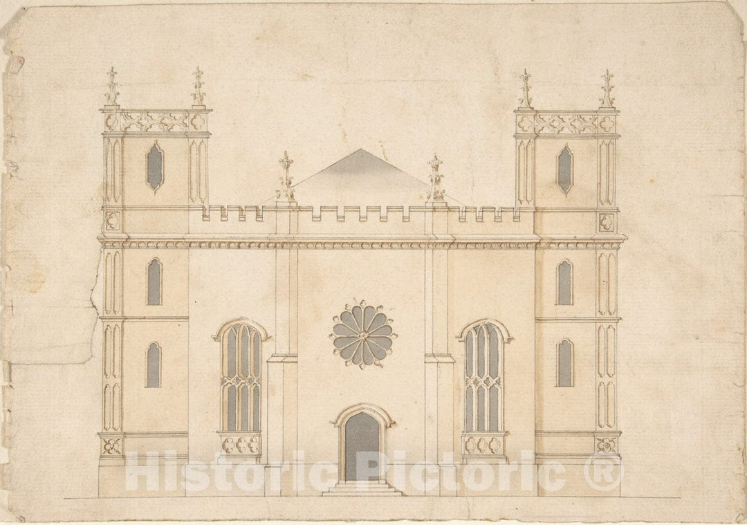 Art Print : Henry Keene - Facade of a Gothic Revival Church : Vintage Wall Art