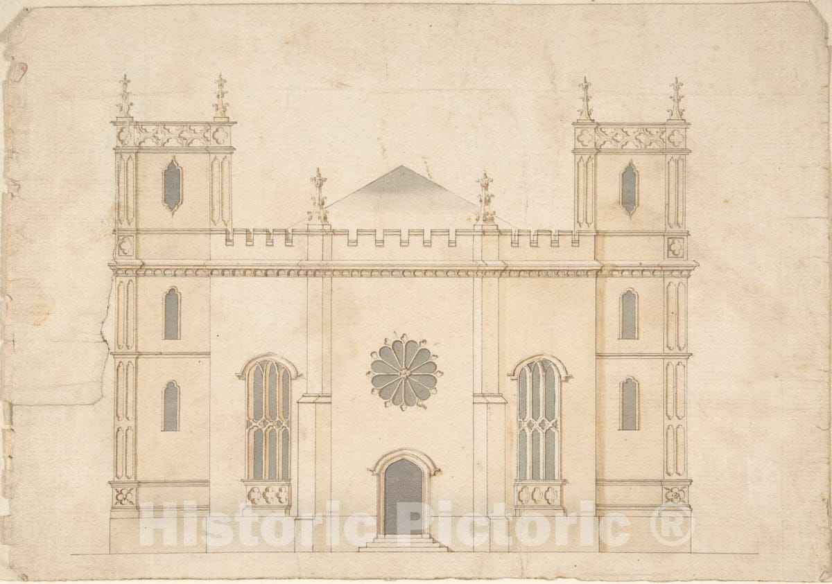Art Print : Henry Keene - Facade of a Gothic Revival Church : Vintage Wall Art