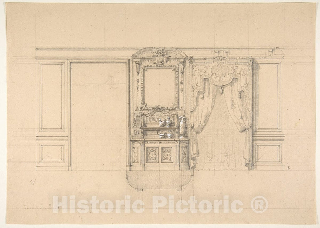 Art Print : Jules-Edmond-Charles Lachaise - Elevation of a Dining Room with a Carved Buffet and Window Draperies : Vintage Wall Art
