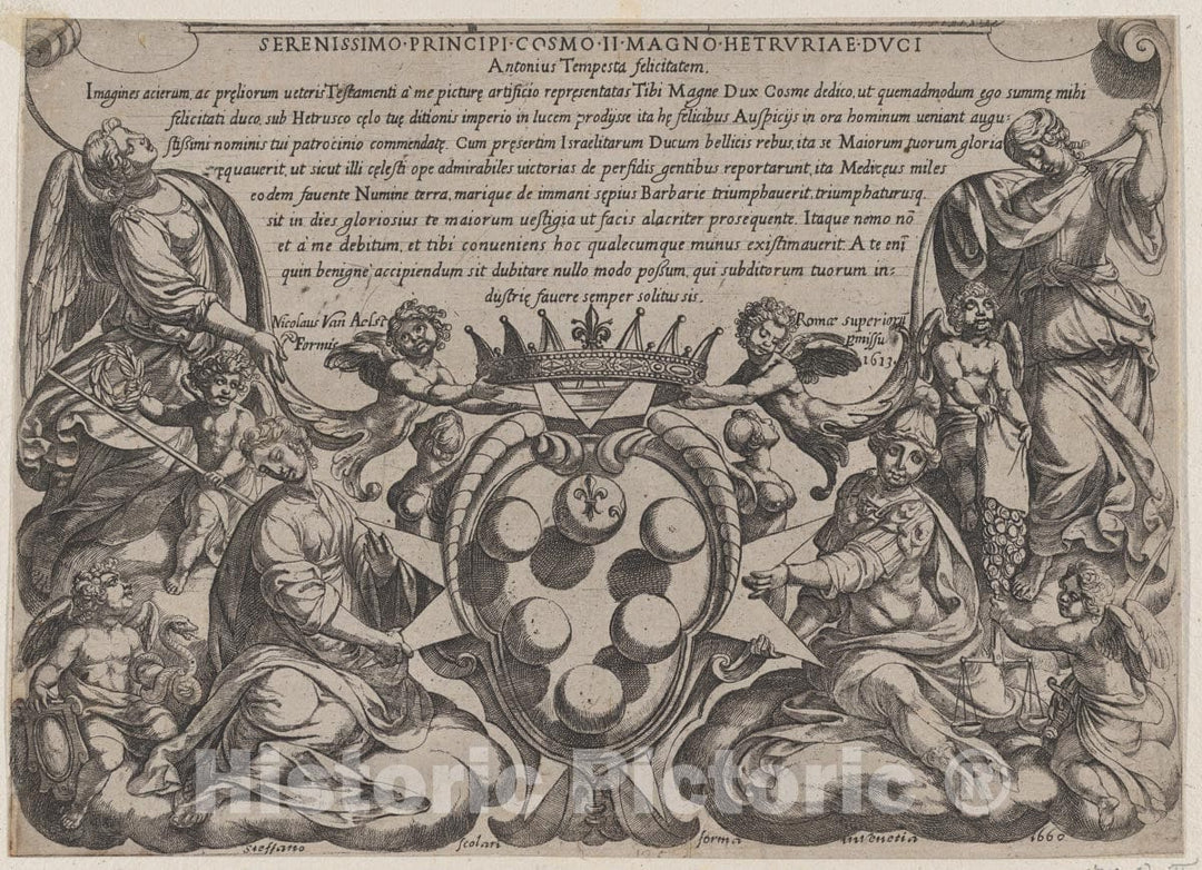 Art Print : Antonio Tempesta - Frontispiece to 'The Battles of The Old Testament' with The arms of The Medici Crowned by Two Putti : Vintage Wall Art