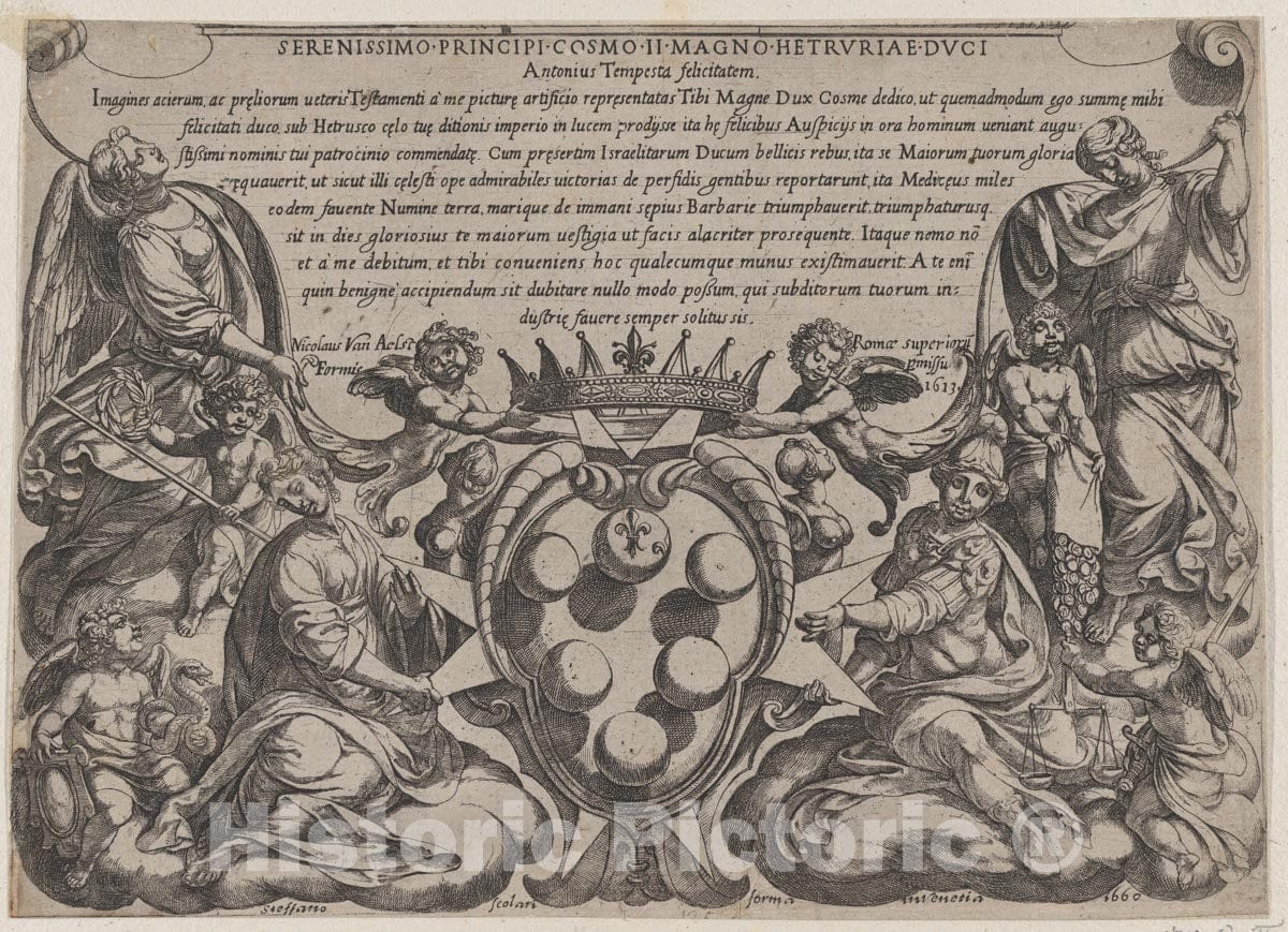 Art Print : Antonio Tempesta - Frontispiece to 'The Battles of The Old Testament' with The arms of The Medici Crowned by Two Putti : Vintage Wall Art