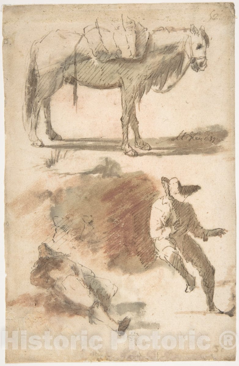 Art Print : Micco Spadaro (Domenico Gargiulo) - Sheet of Studies: A Horse Above, a Seated Man and a Reclining Man Below : Vintage Wall Art
