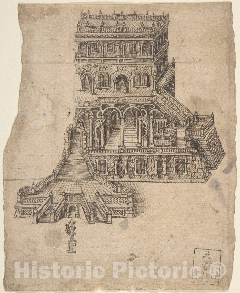 Art Print : Anonymous, German, 16th Century - Half Design for a Palace - Fortress with a Statue in Front : Vintage Wall Art
