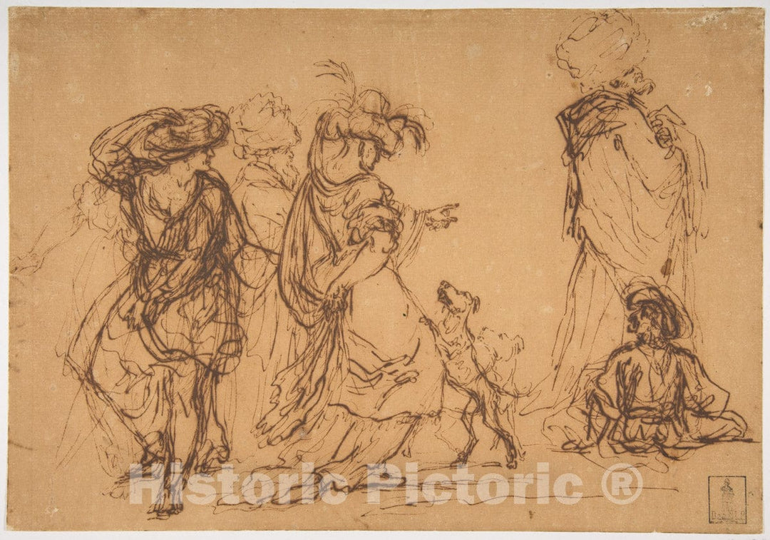 Art Print : Salvator Rosa - Five Figures in Fantastic Costumes with Two Dogs : Vintage Wall Art