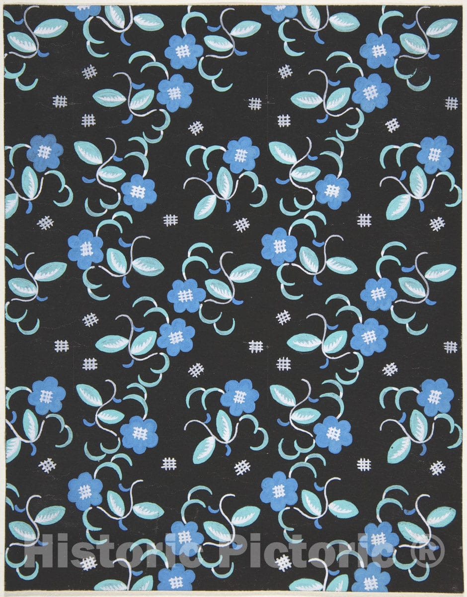 Art Print : Paul Poiret - Fabric Design with Blue Flowers 1 : Vintage Wall Art
