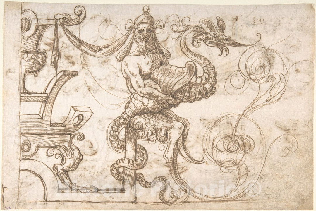 Art Print : Frieze Design with Strapwork and a Satyr Holding a Fantastical Creature - Artist: Andres de Melgar - Created: c1545 : Vintage Wall Art