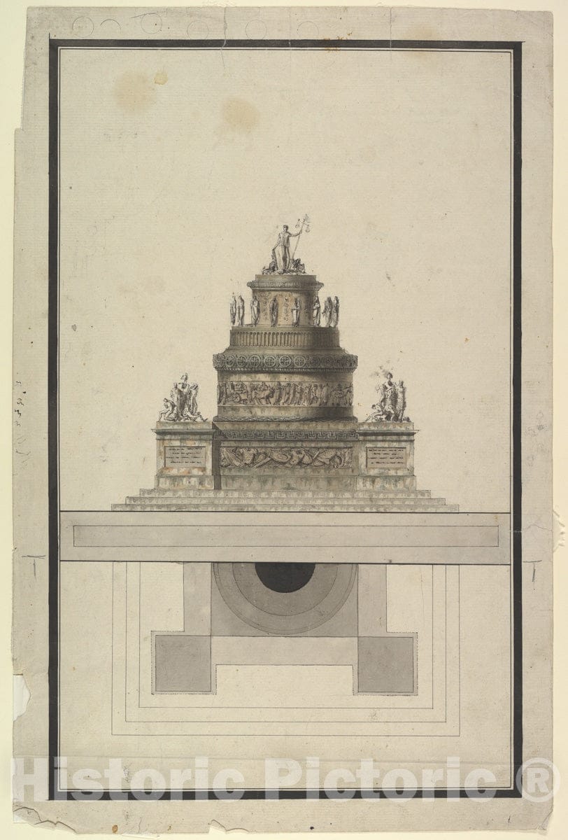 Art Print : Jean Charles Delafosse - Elevation and Plan for a Round Mausoleum : Vintage Wall Art