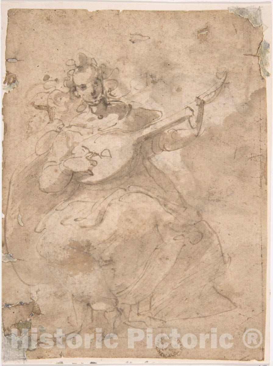 Art Print : Italian, Roman-Bolognese, 17th Century - Girl Playing a Lute : Vintage Wall Art