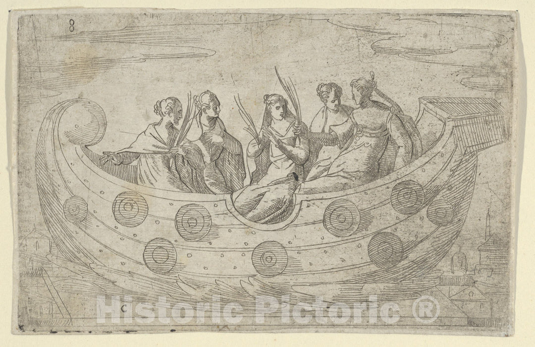 Art Print : Anonymous, Italian, 16th Century - Five Women in a Boat, Holding Palm Leaves : Vintage Wall Art