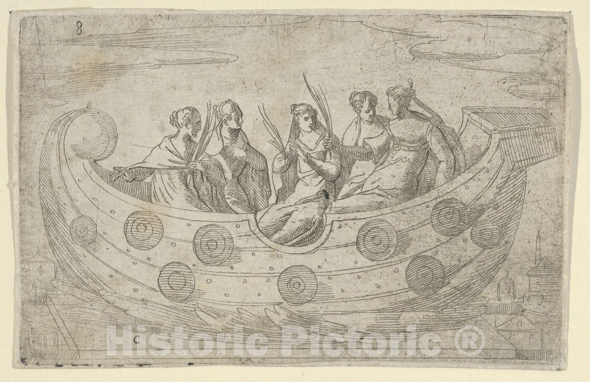 Art Print : Anonymous, Italian, 16th Century - Five Women in a Boat, Holding Palm Leaves : Vintage Wall Art