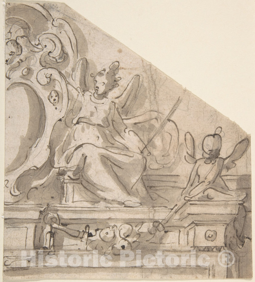 Art Print : Fragment of a Design for an Overdoor with Seated Angel Supporting Cartouche - Artist: Italian, Roman-Bolognese, 17th Century - 17th Century : Vintage Wall Art