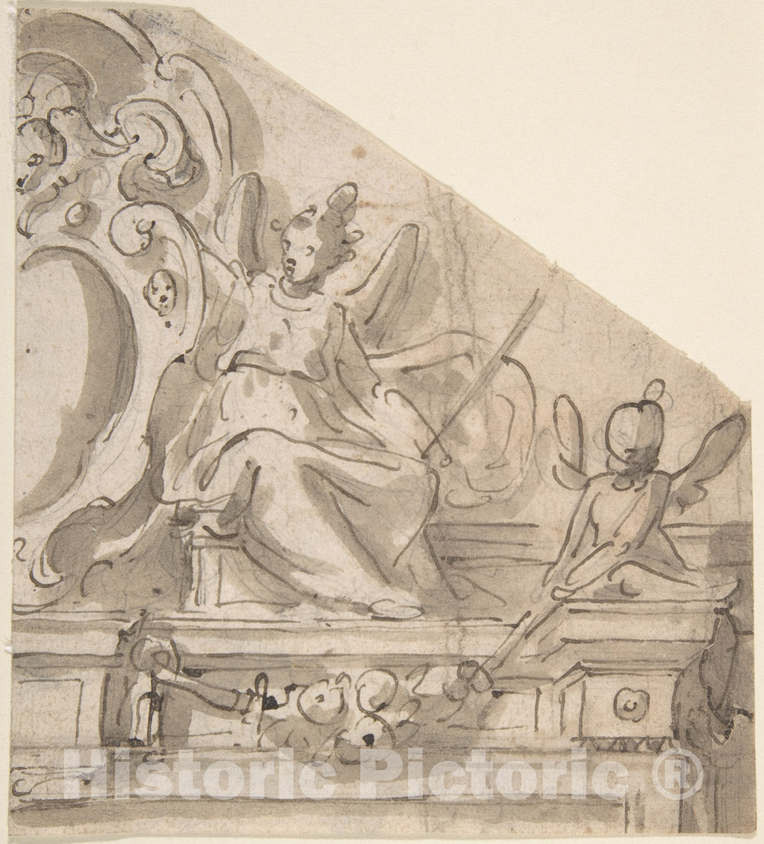Art Print : Fragment of a Design for an Overdoor with Seated Angel Supporting Cartouche - Artist: Italian, Roman-Bolognese, 17th Century - 17th Century : Vintage Wall Art