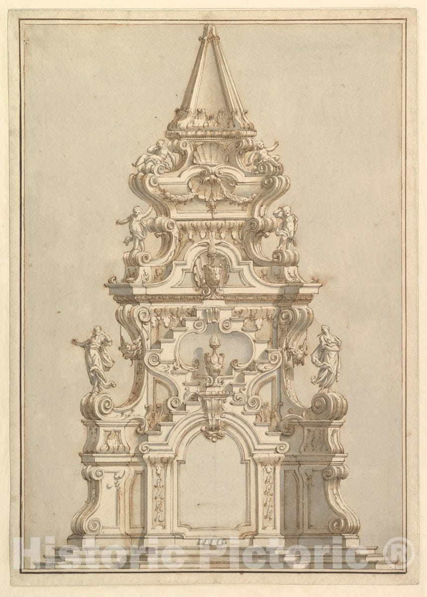 Art Print : Elevation for a Catafalque Surmounted by Squat Obelisk, ated with Statues of Putti and Female Figures - Artist: Giuseppe Galli Bibiena - 1696–1756 : Vintage Wall Art