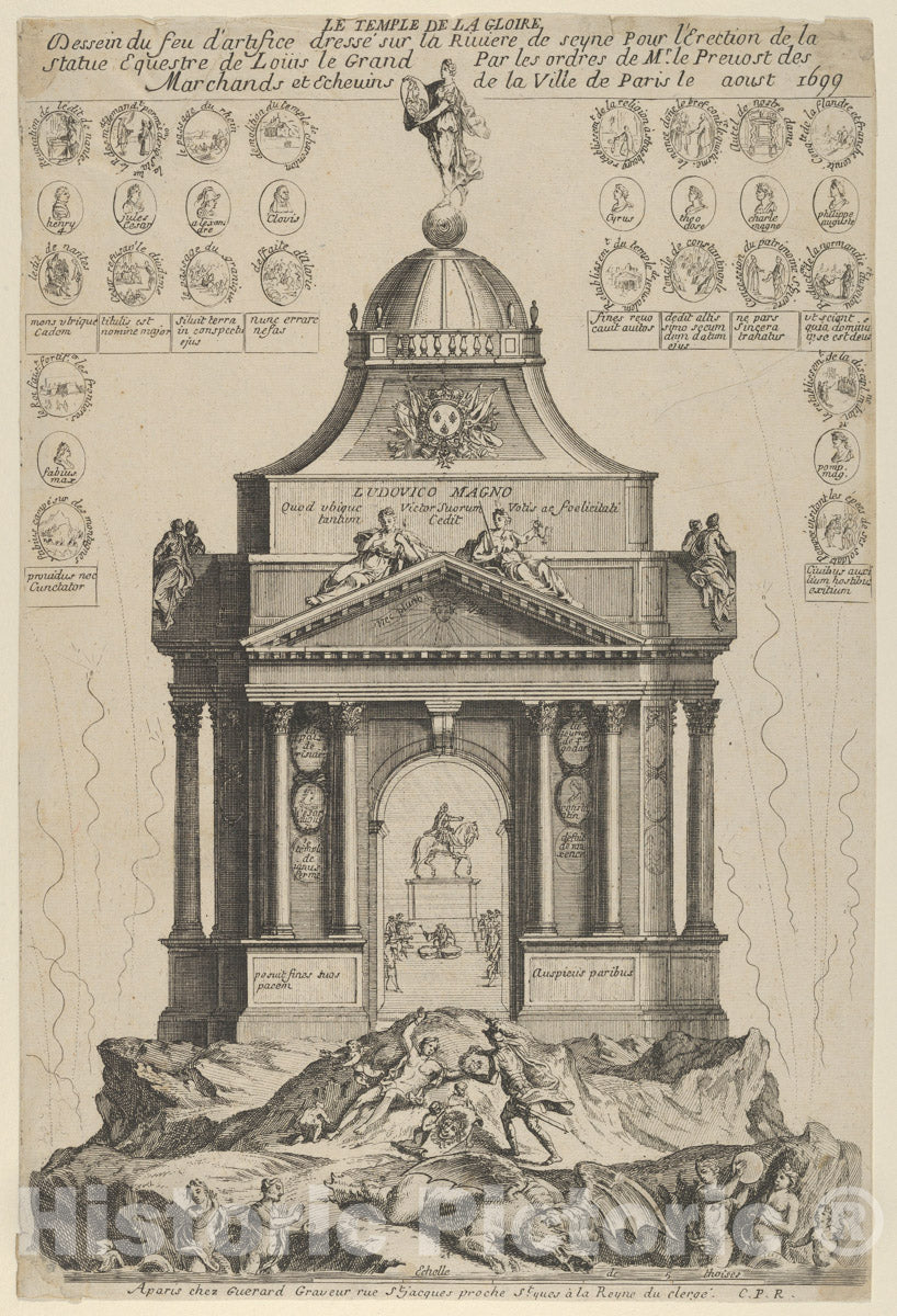Art Print : Anonymous, French, 17th Century - Fireworks Celebrating The Erection of The Temple of Glory and Equestrian Statue of Louis le Grand, Paris 1699 : Vintage Wall Art