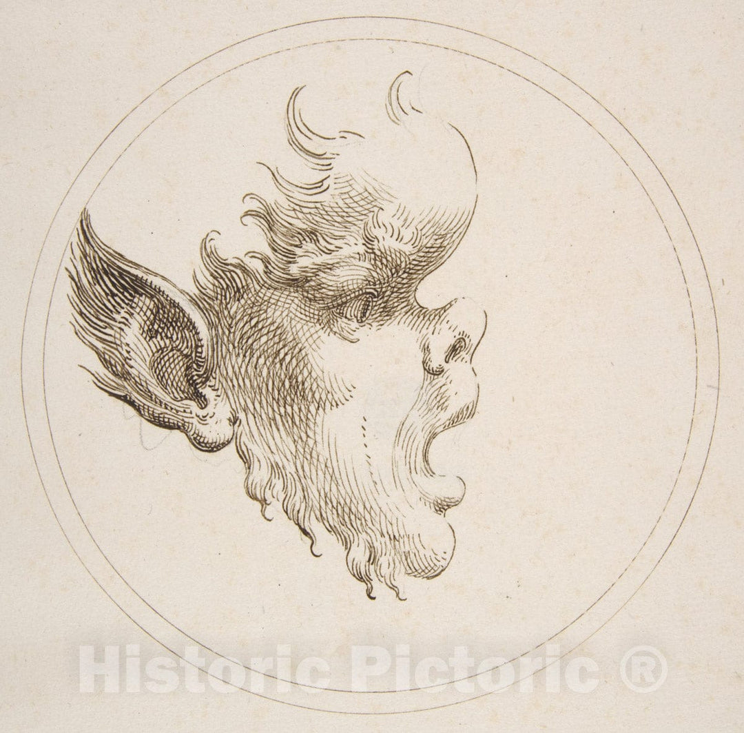 Art Print : Gaetano Piccini - Grotesque Head with a Bulging Forehead Looking to The Right Within a Circle : Vintage Wall Art