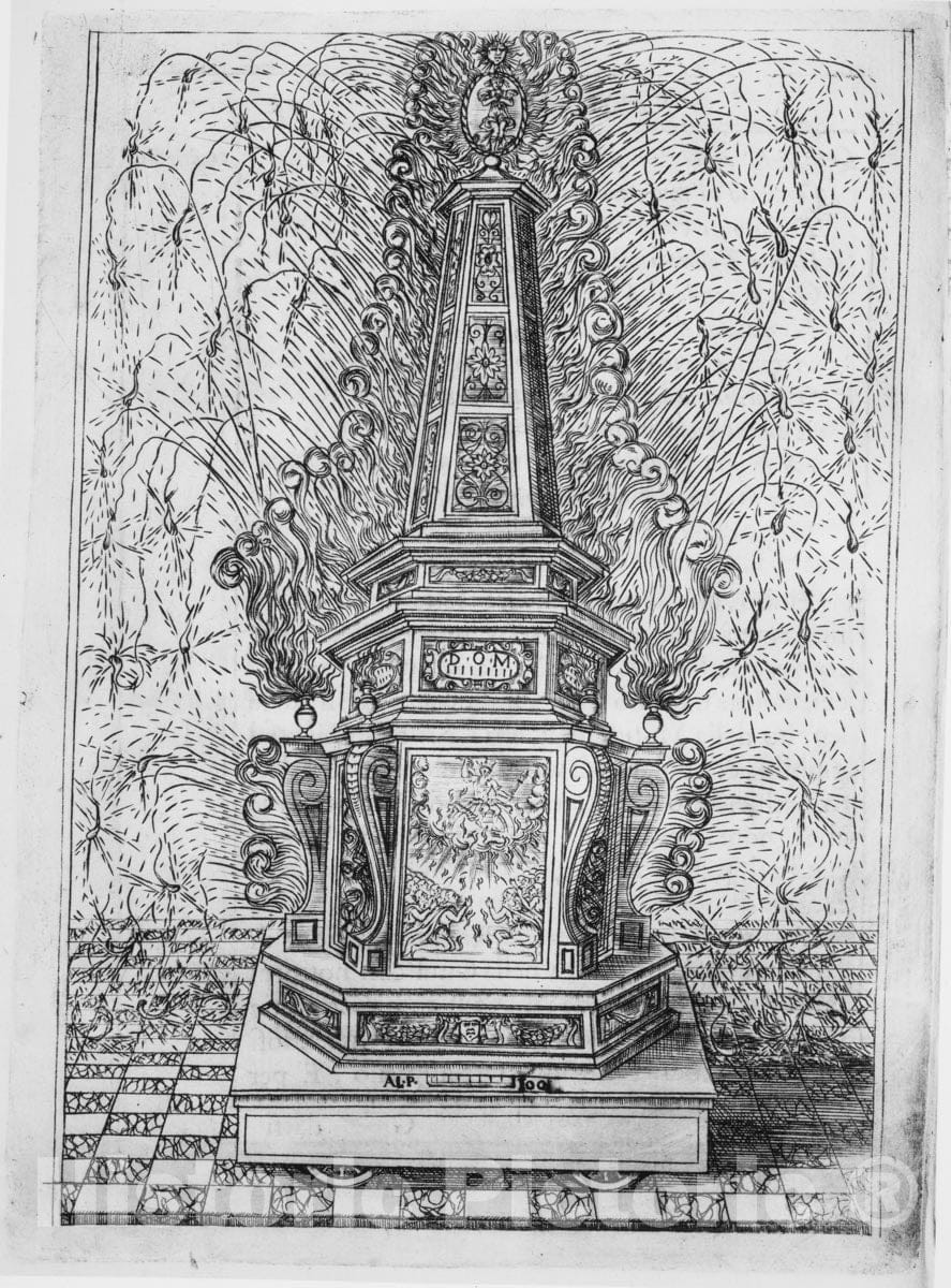 Art Print : Filippo Gotho - Festival for Saint Placidus, Messina, August 2, 1589: Fireworks Obelisk : Vintage Wall Art