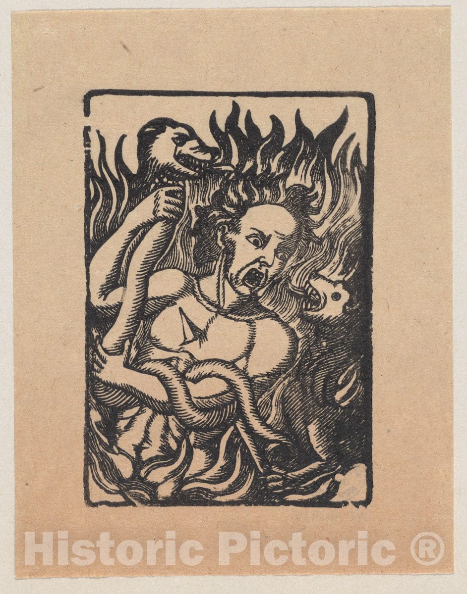 Art Print : José Guadalupe Posada - Figure Pierced by an Arrow, Holding a Serpent and Surrounded by Flames : Vintage Wall Art
