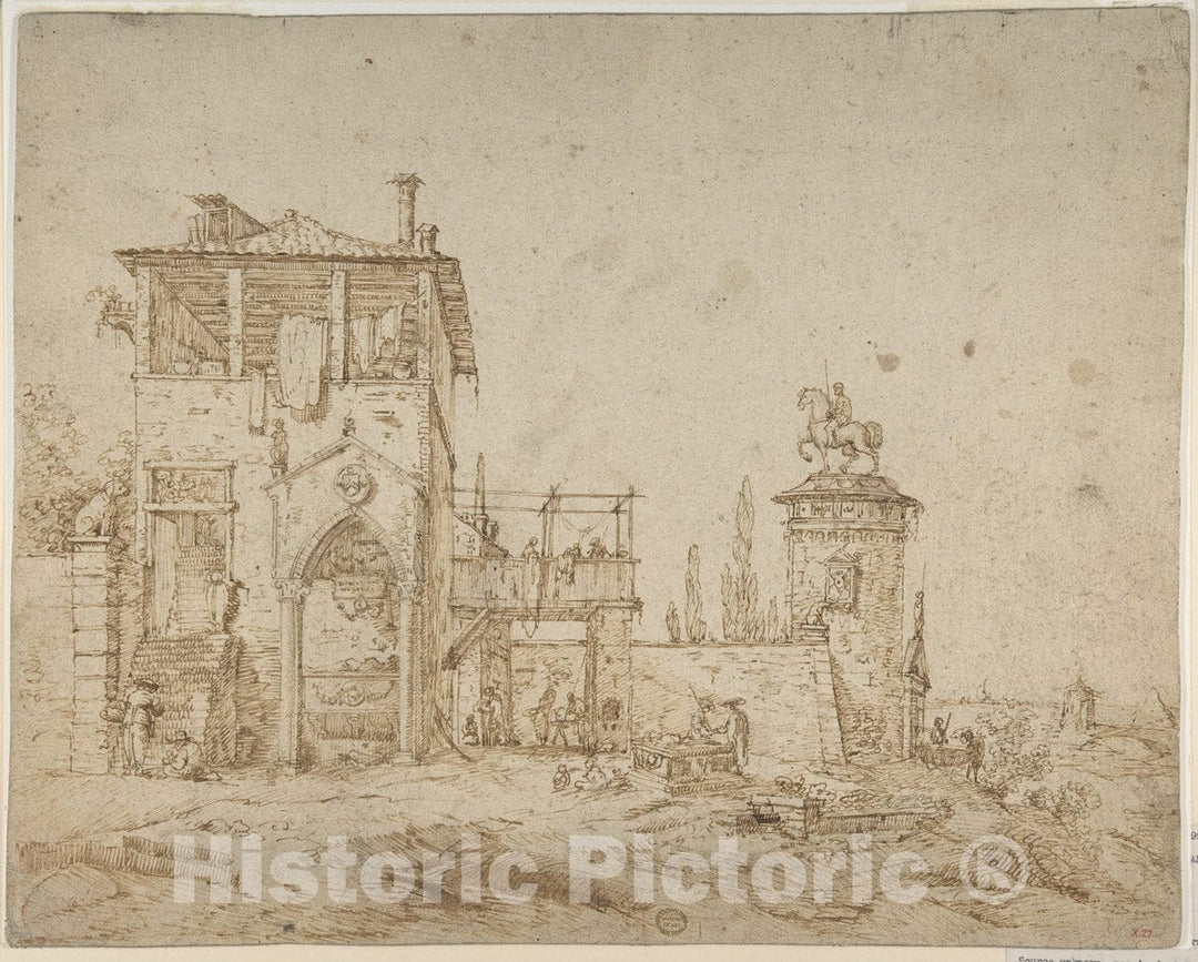 Art Print : After Canaletto (Giovanni Antonio Canal) - Fanciful Landscape (Landscape with Villa Building and Equestrian Monument) : Vintage Wall Art