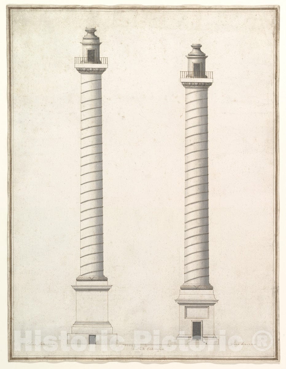 Art Print : Antonio Maria Visentini - Elevation of Column of Antoninus Pius and Elevation of Column of Trajan : Vintage Wall Art