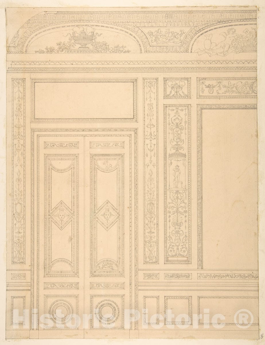 Art Print : Jules-Edmond-Charles Lachaise - Elevation of an Interior Showing a Paneled Wall and Double Doors Decorated in rococco sty.e : Vintage Wall Art