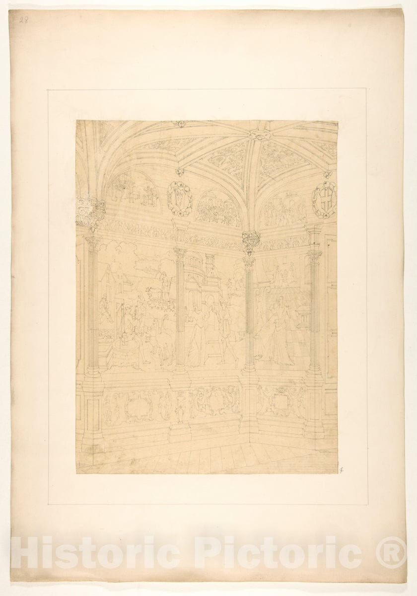 Art Print : Jules-Edmond-Charles Lachaise - Elevation of The Corner of a Room Decorated with Renaissance-Style murals and Carved Woodwork : Vintage Wall Art