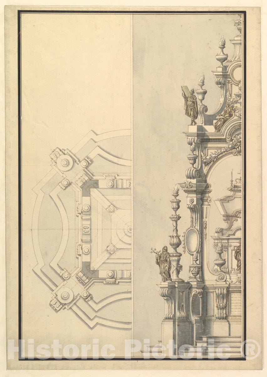 Art Print : Workshop of Giuseppe Galli Bibiena - Half Ground Plan and Half Elevation for a Catafalque with Royal Crown Surmounting Casket : Vintage Wall Art