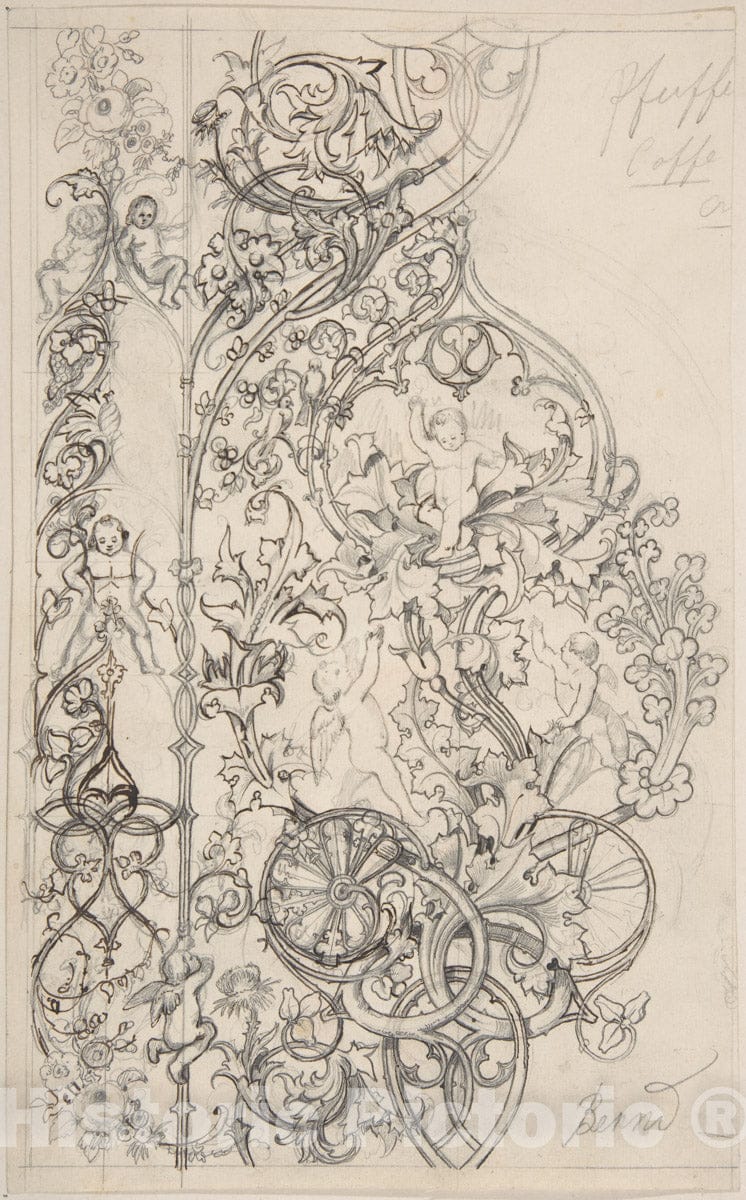 Art Print : Bernd - Gothic Ornament with Putti and Acanthus Leaves : Vintage Wall Art