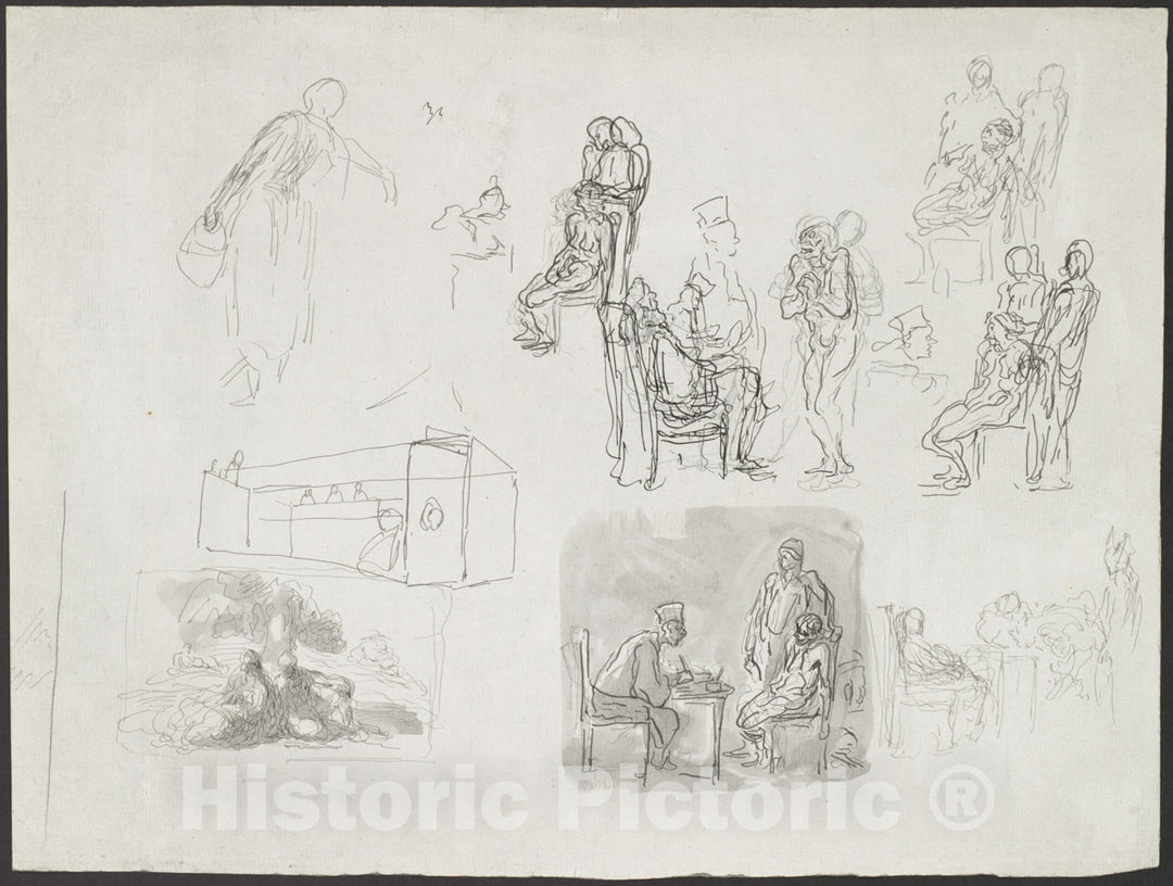 Art Print : Honoré Daumier - Figure Studies, Including Scenes of Interrogation : Vintage Wall Art