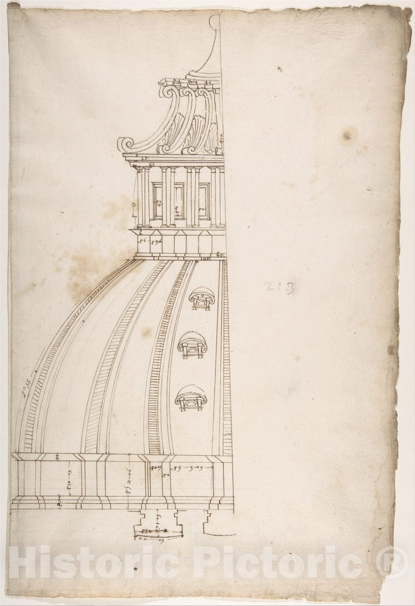 Art Print : Drawn by French, 16th Century - St Peter's, Dome, Model, Half Elevation (Recto) Blank (Verso) : Vintage Wall Art