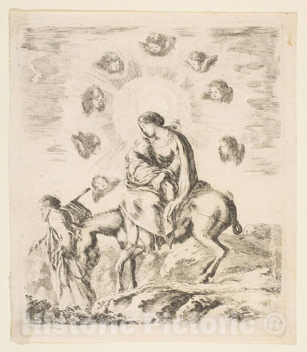 Art Print : Etched by Stefano Della Bella - Flight into Egypt : Vintage Wall Art