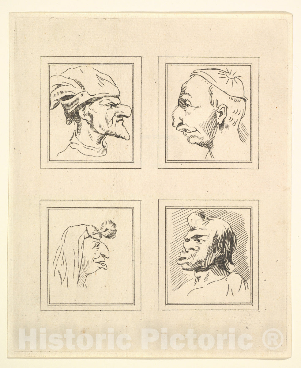 Art Print : Wenceslaus Hollar - Four Heads (from Characaturas by Leonardo da Vinci, from Drawings by Wincelslaus Hollar, Out of The Portland Museum) : Vintage Wall Art